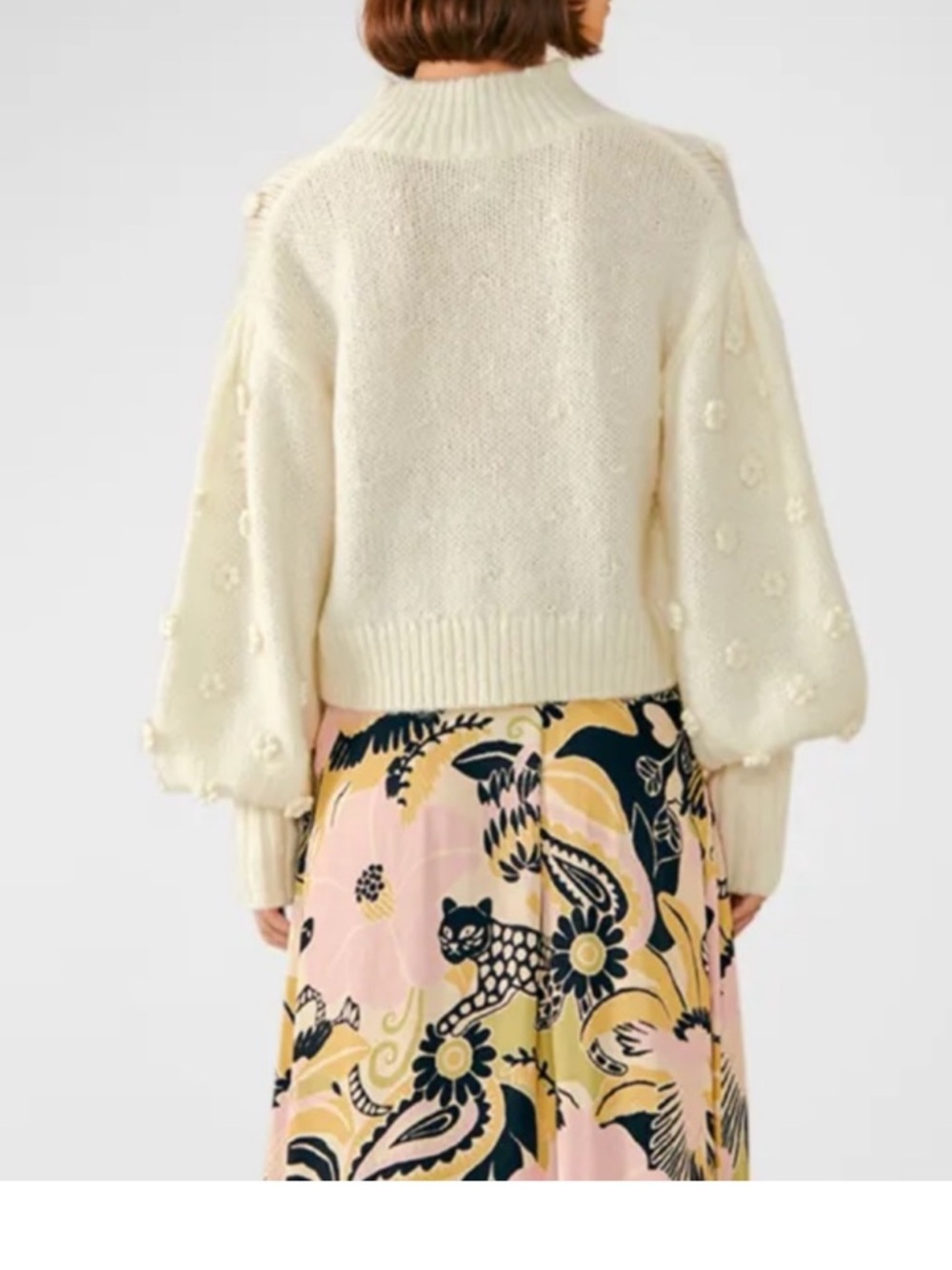 FARM Rio Cream Lantern-Sleeve Pom-Pom Knit Sweater - Picture 2 of 7